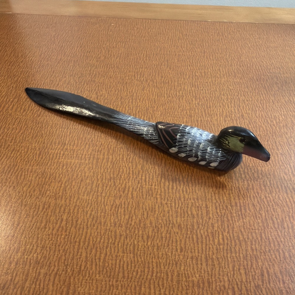 Vintage Hand Carved Duck Wood Common Loom 8" Long Hand Painted Letter Opener